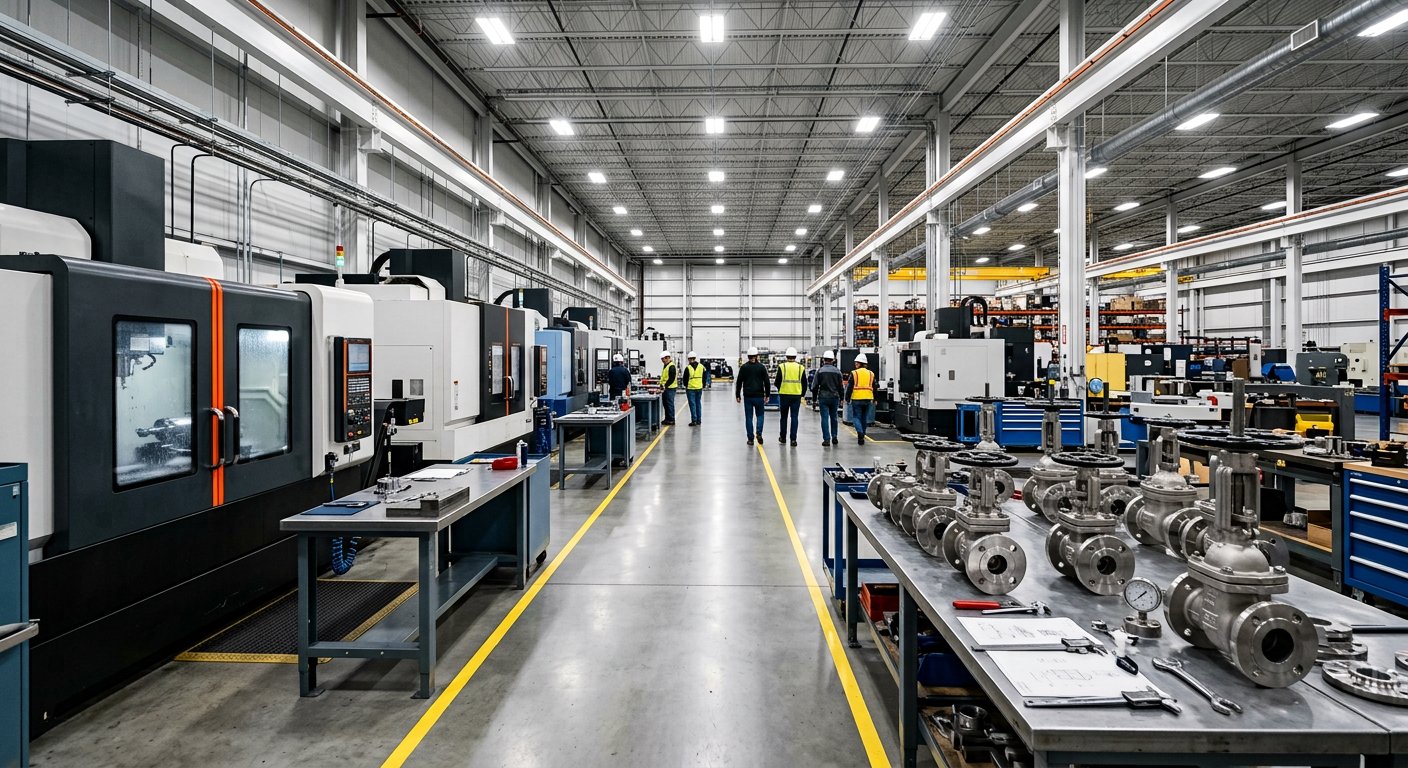 Engineers reviewing a pressure vessel in our fabrication facility