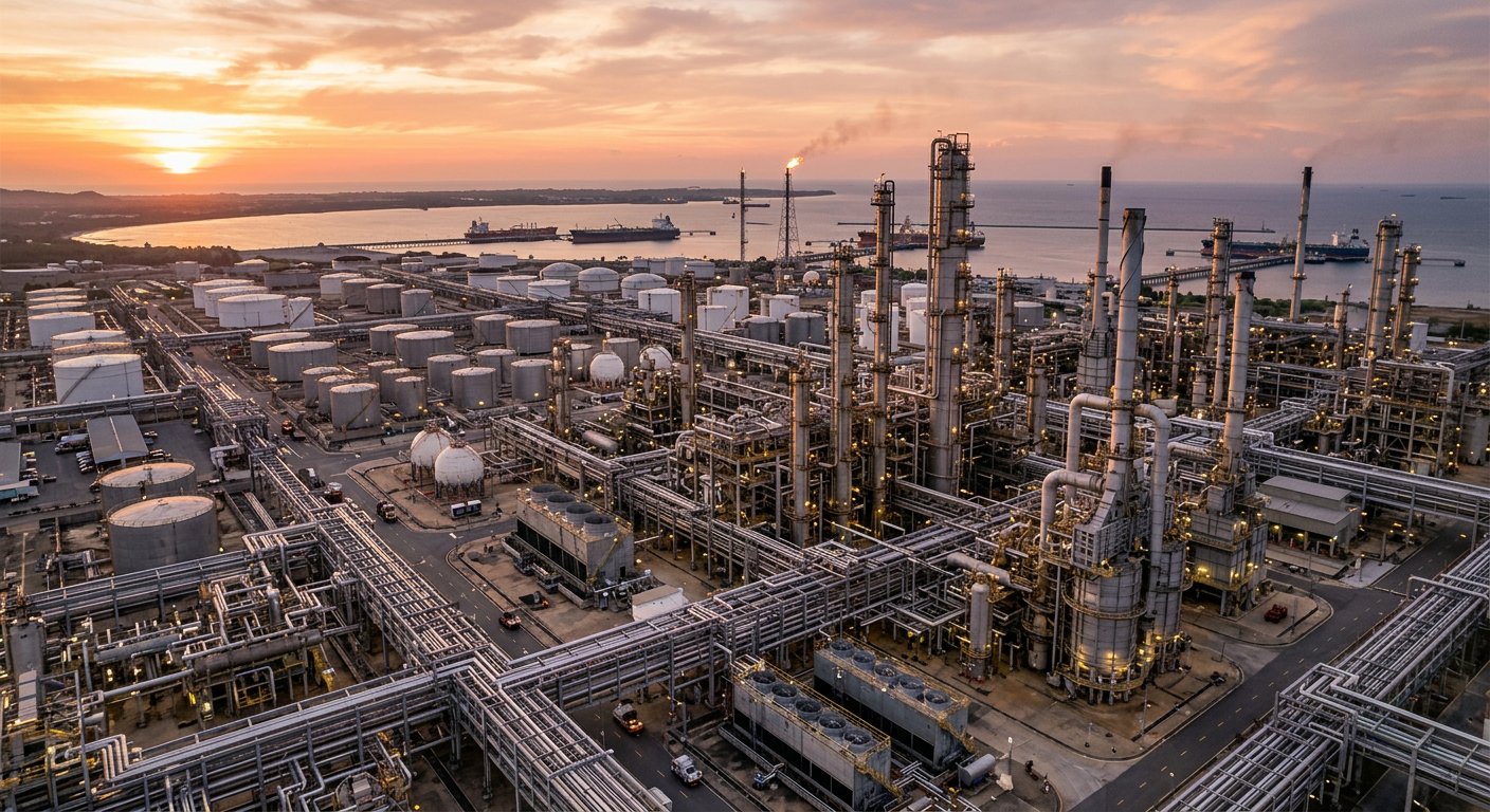 Oil and gas processing facility at sunset